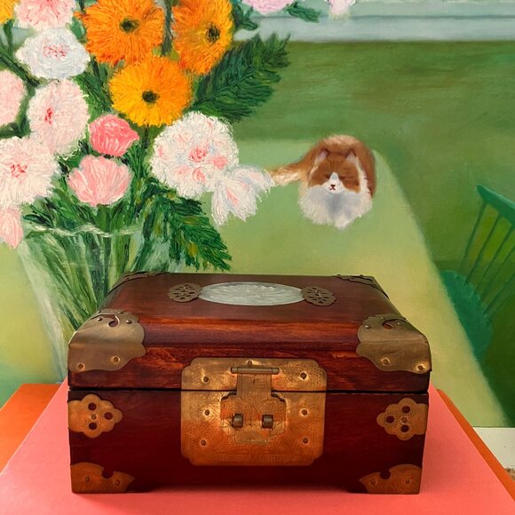 Vintage Chinoiserie Rosewood Jewelry Box with Jade Insert - Picture 1 of 11